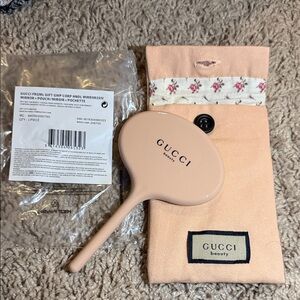 Gucci Pink Handheld Beauty Mirror with Floral-Trim Pouch